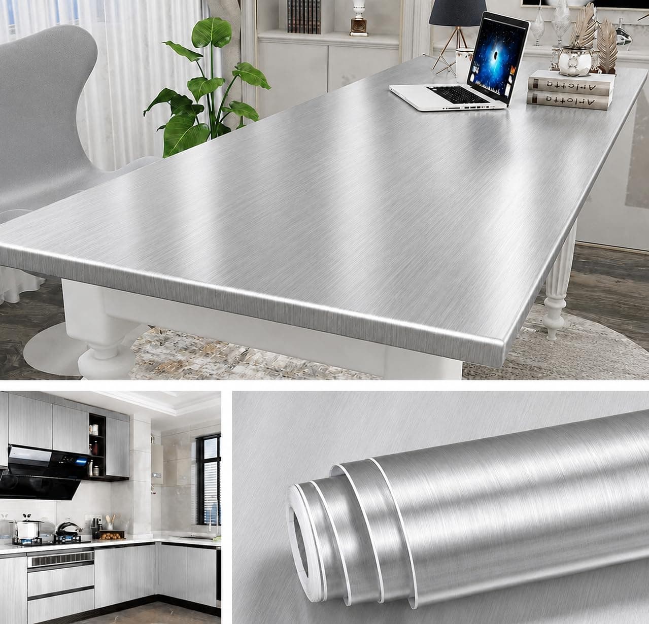 DEEMUS Silver Brushed Metallic Wallpaper Roll | Peel & Stick Self Adhesive Contact Paper | Waterproof Wall Covering for Kitchen, Bedroom, Living Room & Furniture 2 x 12 Feet