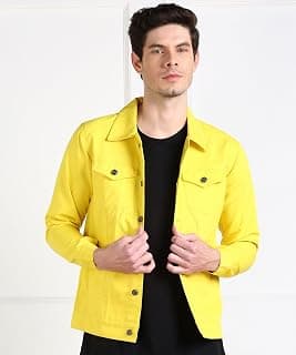 MONTREZ Men Spread Collar Washed Lightweight Casual Denim Jacket (Neon Yellow)