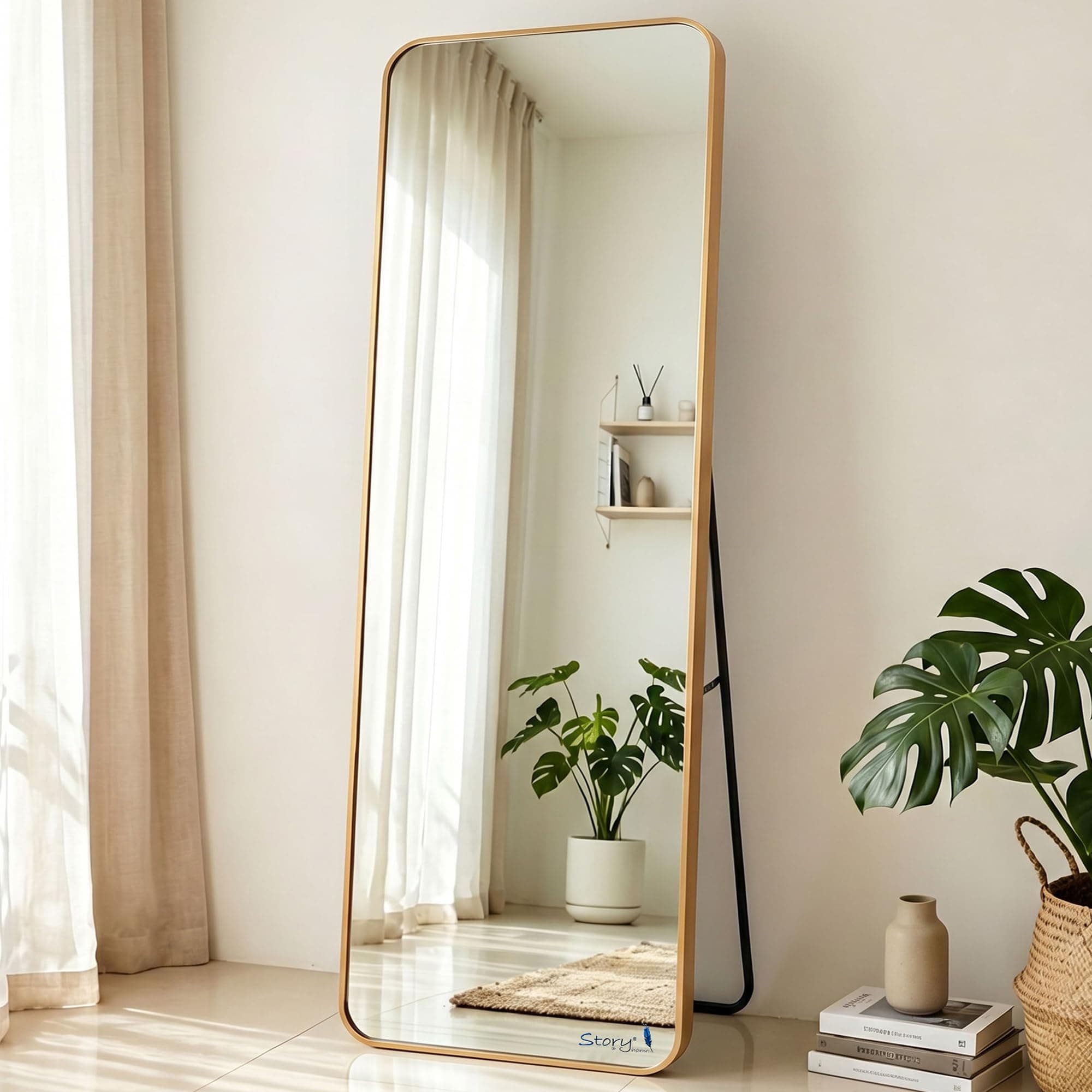 Story@Home Standing Mirror Full Length with Stand | Aesthetic Standing Mirror for Bedroom | Metal Heavy Thick Frame Cheval Mirror Freestanding with Attached Stand - 5.25 feet, Gold
