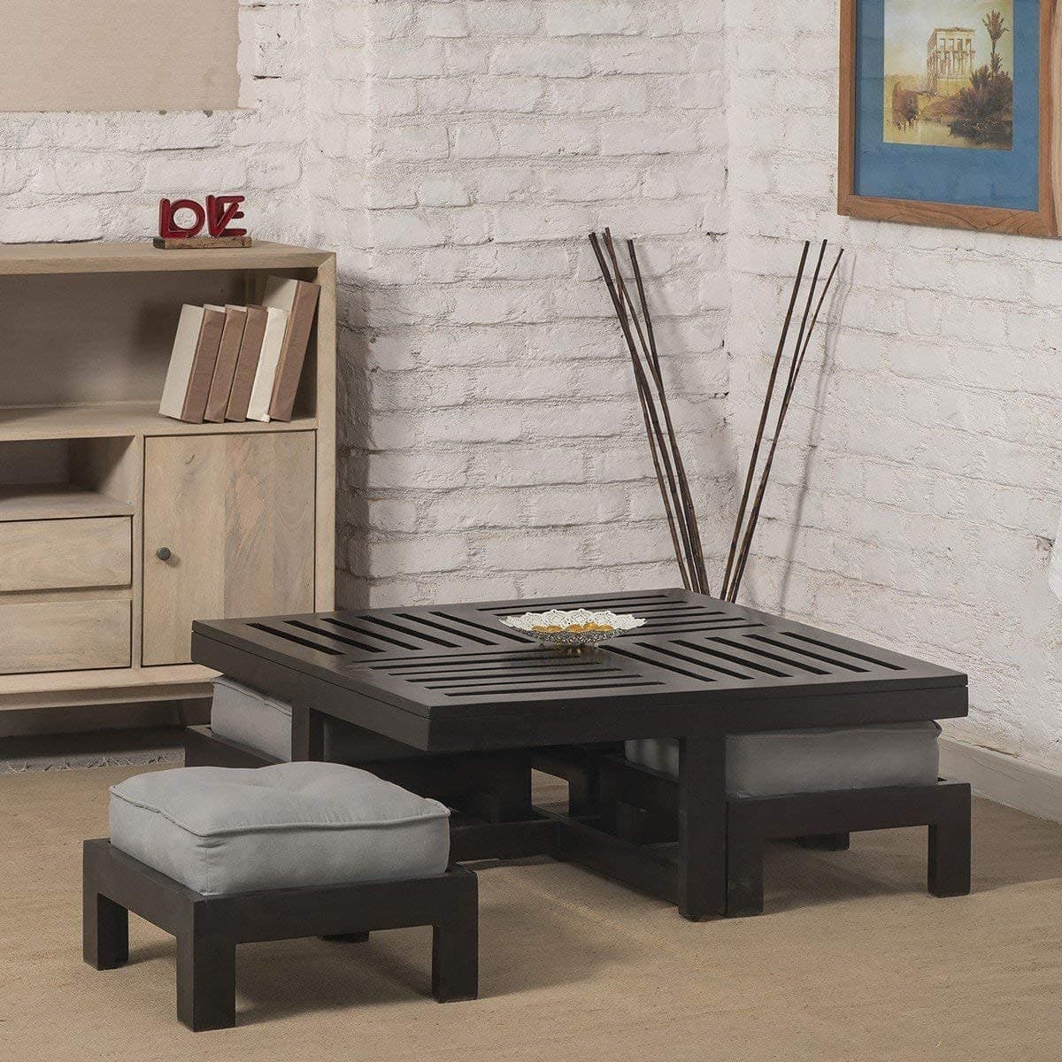 AASALIYA Art Solid Sheesham Wood Coffee Table with 4 Stool | Square Centre Table with Stool | Center Table with 4 Stools for Living Room | Patio Table with 4 Puffy for Home | Rosewood, Charcoal Black