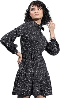 Tokyo Talkies Black & White Polka Dot Printed Cuffed Sleeves Shirt Dress