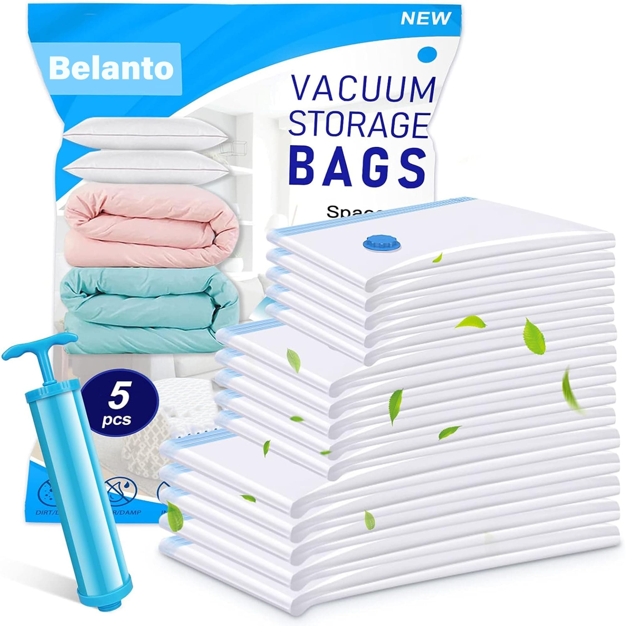 Belanto Polypropylene Vacuum Compression Storage Bag With Pump,Space Saver Vacuum Sealer Bag for Cloth,Blanket,Pillow,Bedding,Dual-Zip Transparent Reusable for Travel Packing (5 Medium Pack (70x50cm))