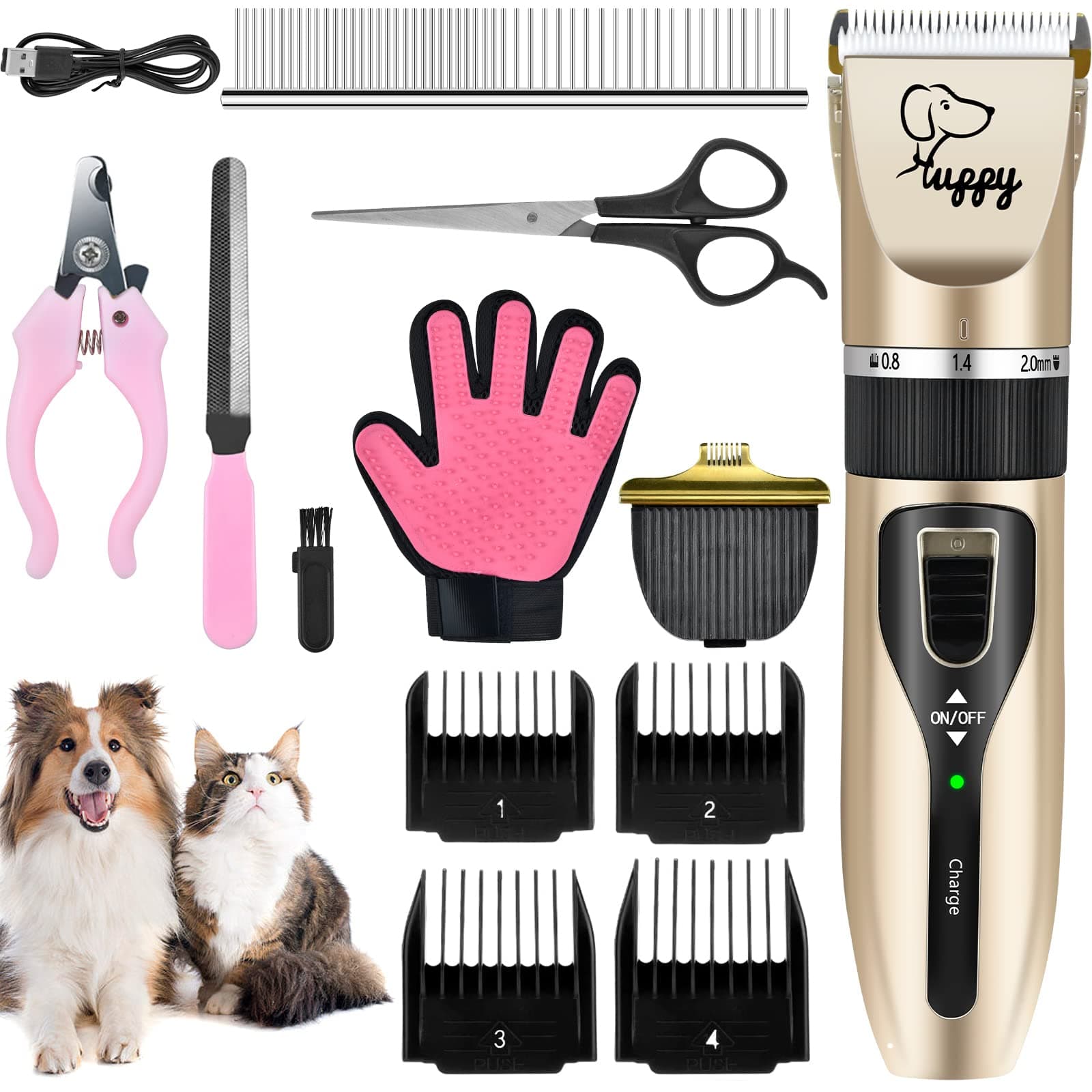 Electric Clipper for Dogs and Cats, Multifunctional USB Rechargeable Dog Shaver with Adjustable Comb and Gloves, Pet Hair Clippers for Curly and Long Hair, Low Noise and Vibration