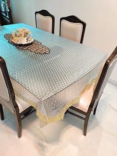CASA-NEST PVC Dining Table Cover 54x78 Inch | Waterproof Transparent Silver Table Cover with Golden Lace Border | Heat & Stain Resistant Rectangular Table Protector for Home & Dining Room