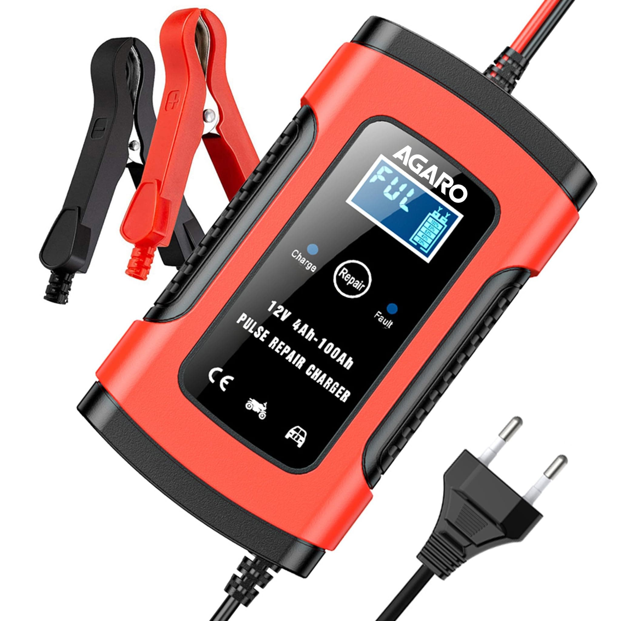 AGARO Car Battery Charger, 12V, 5A, Fully Automatic, Smart Car & Bike Battery Charger & Maintainer, Pulse Repair, LCD Display, Temperature Control, for AGM, Gel, Calcium & Wet Lead-Acid Batteries