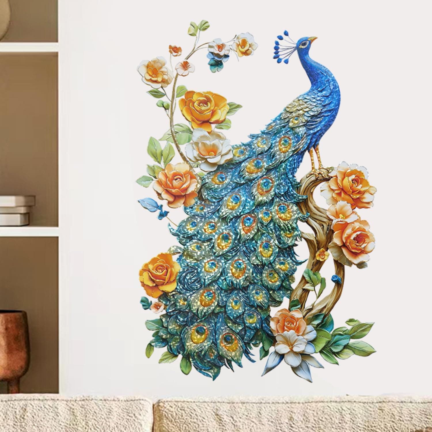 JAAMSO ROYALS 3D Blue Magic Laser Peacock Flower PVC Wall Stickers Background Beautification (45CM x 60CM)