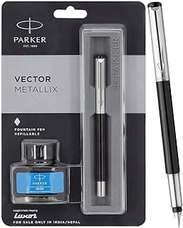 Parker Vector Mettalix Chrome Trim Fountain Pen with Quink Ink Bottle - Blue | Refillable Fountain Pen for Professionals, Students | Ergonomically Crafted for Comfortable, Fatigue-Free Writing