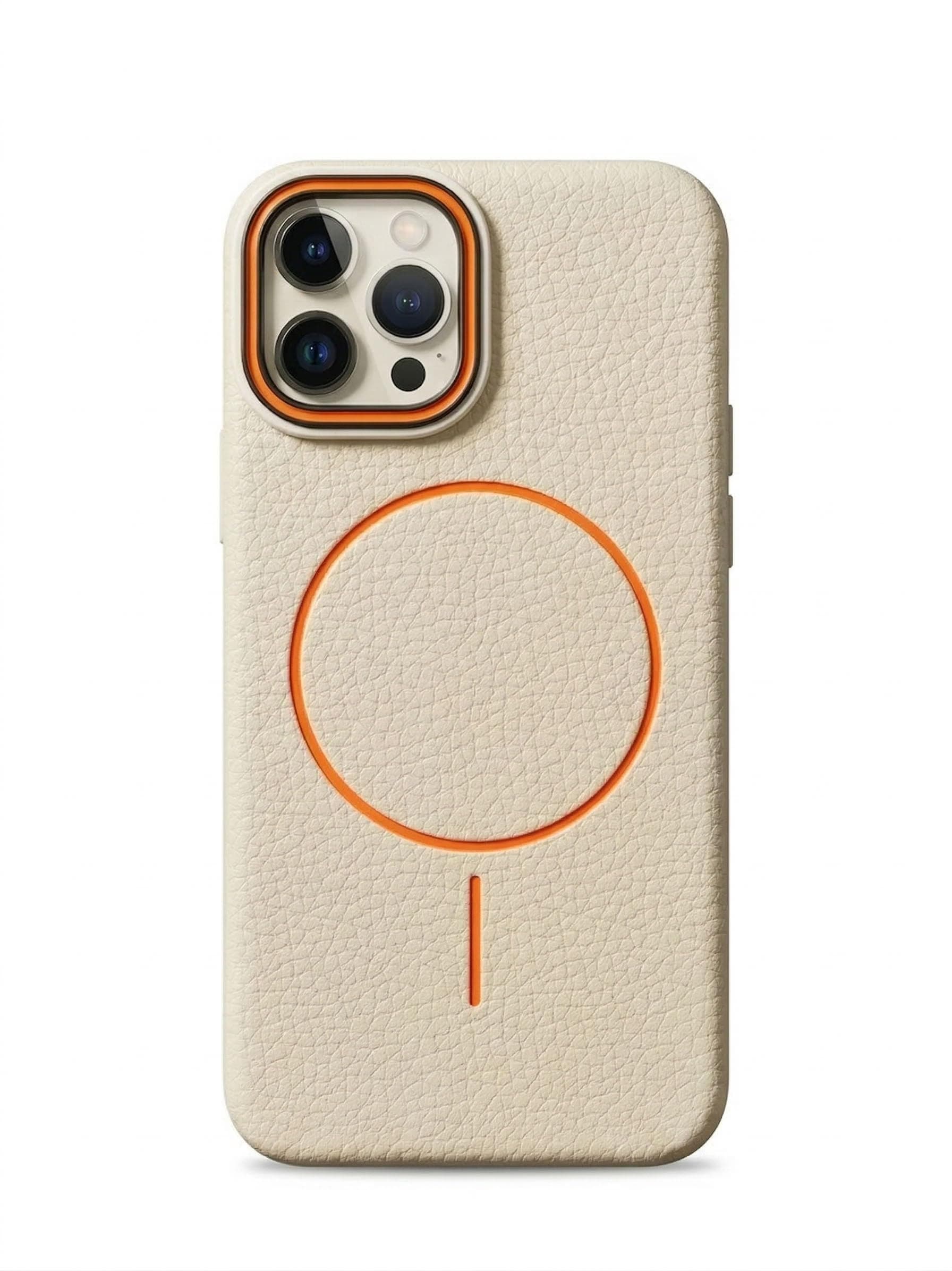 amazon basics Luxury MagSafe Compatible Leather Texture Back Cover for iPhone 15 Pro | Raised Camera Protection | Slim Fit Shockproof Case with Metallic Accents (White)
