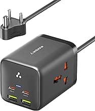 Ambrane 6-in-1 Power Hub Charger 65W Fast Charging, 6 Ports - 2 Type-C, 2 USB, 2 AC Sockets (2500W), Multi-Port Desktop Charger for Laptop, iPhone, Android, Portable Charging Station (Charge Hub 65)