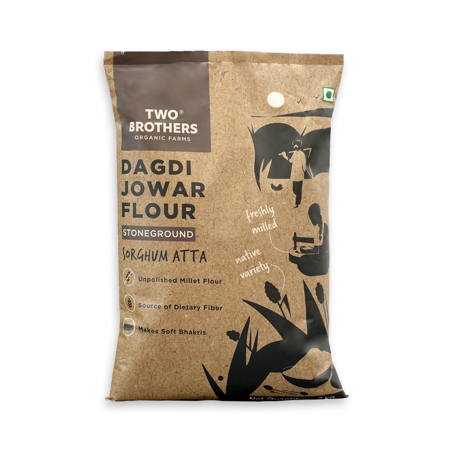 Two Brothers Organic Farms - Jowar Atta (2kg) | Vitamins & Minerals Rich Cereal | Stoneground Sorghum Flour | Desi Dagdi Variety | Gluten Free Flour | Use It To Make Bhakris, Porridges and Soups