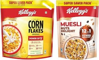 Kellogg's Combo, Kellogg's Corn Flakes Original, 1.2 kg and Kellogg's Muesli with 20% Nuts Delight Pouch, 750 g