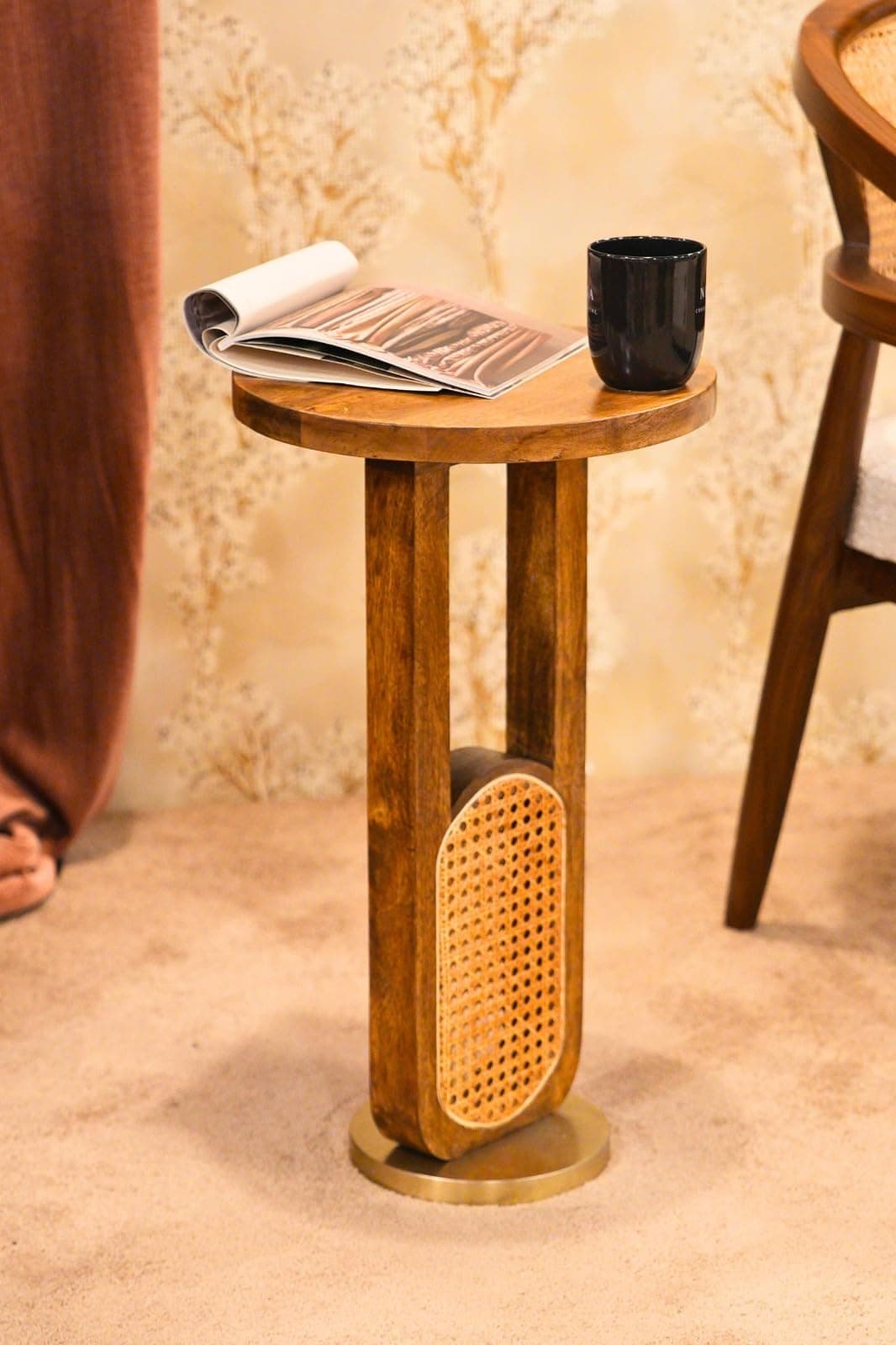 Little eXtra Round Solid Wood Coffee Table | Woven Cane Base with Natural Rattan Weave | Modern Boho Side & End Table for Living Room, Bedroom & Balcony (Brown)