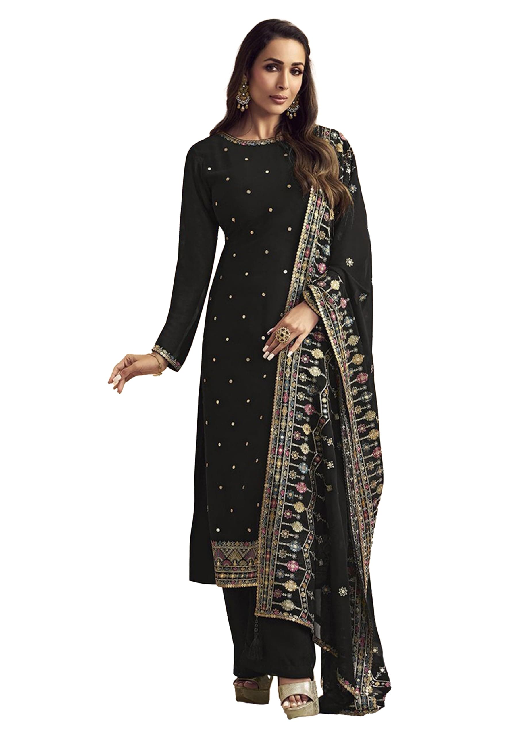 TRENDMALLS Women's Georgette Embroidery Sequence Work Kurta Pant with Dupatta Set For Women