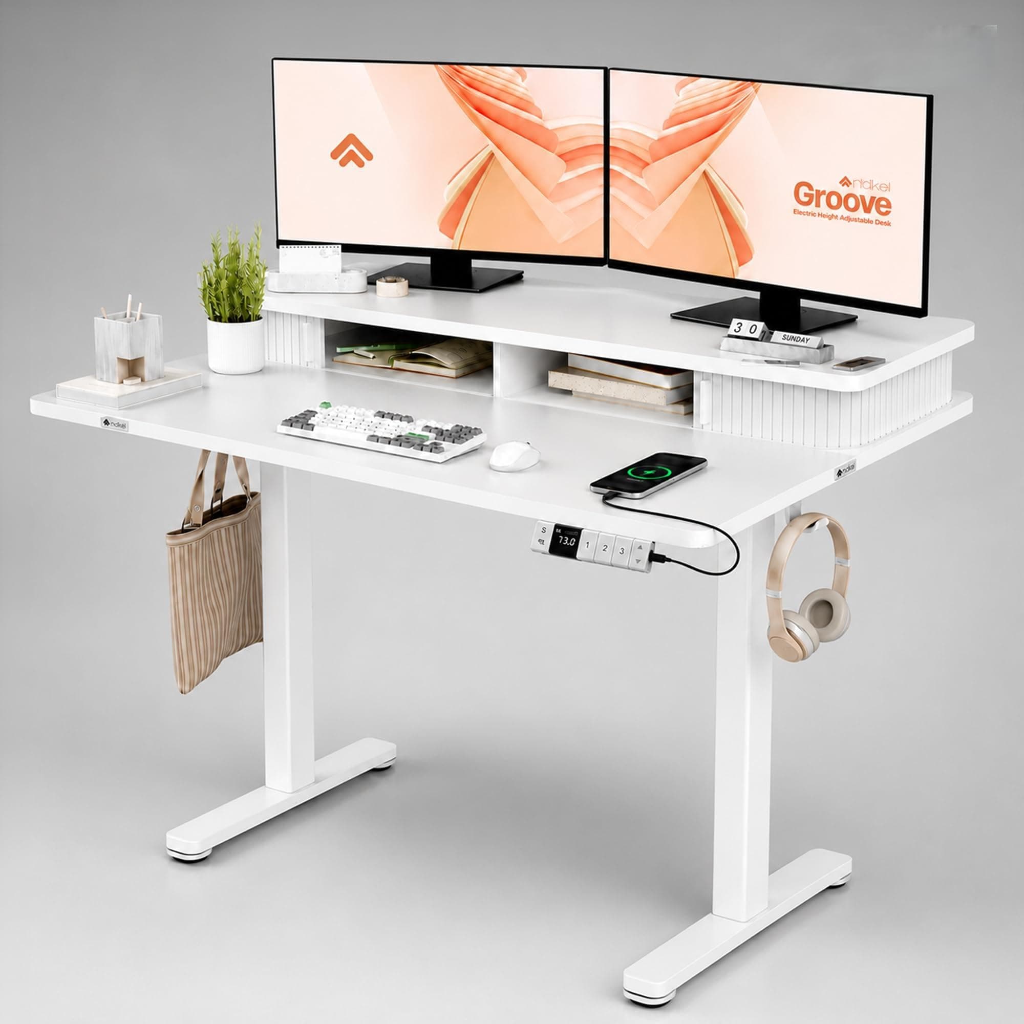 ARTIKEL Groove Electric Height Adjustable Standing Desk with Roller Shutter Door Storage| Sit-Stand Desk for Home Office |Ergonomic Workspace Table with Headphone Hook|120x63cm White, Engineered Wood
