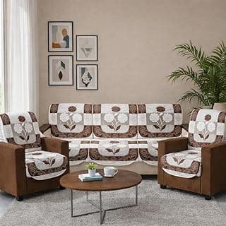 STITCHNEST 10 Piece Cotton Net Sofa Cover | Washable Protective Covers | Floral Design | Brown