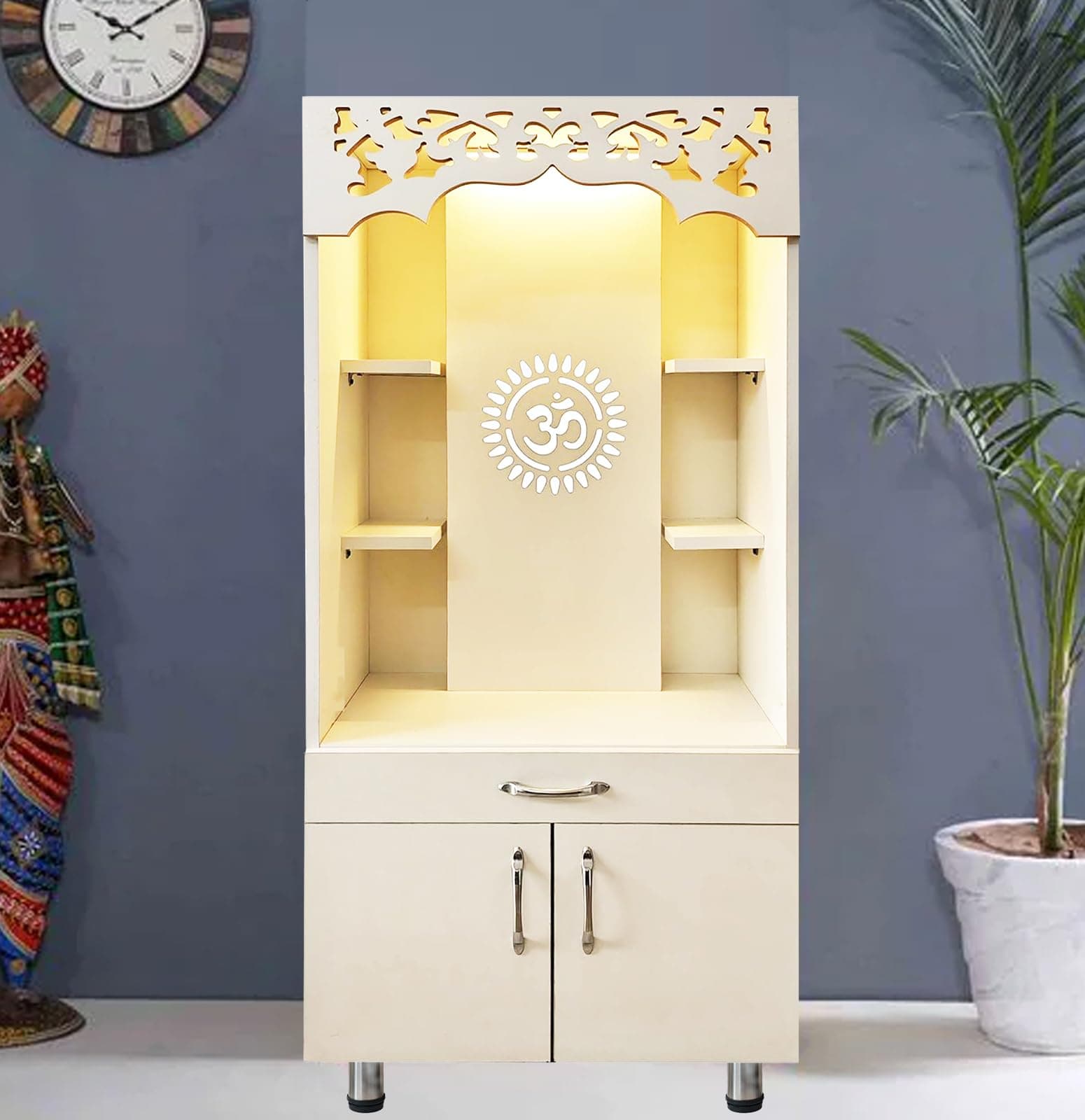 Alpine Willow Wooden Temple for Home (Pre-Assembled) Corian Design mandir I Pooja Mandir Unit I Dev ghar I Puja ghar I Puja Stand (Frosty White, 2 X 4 FT)