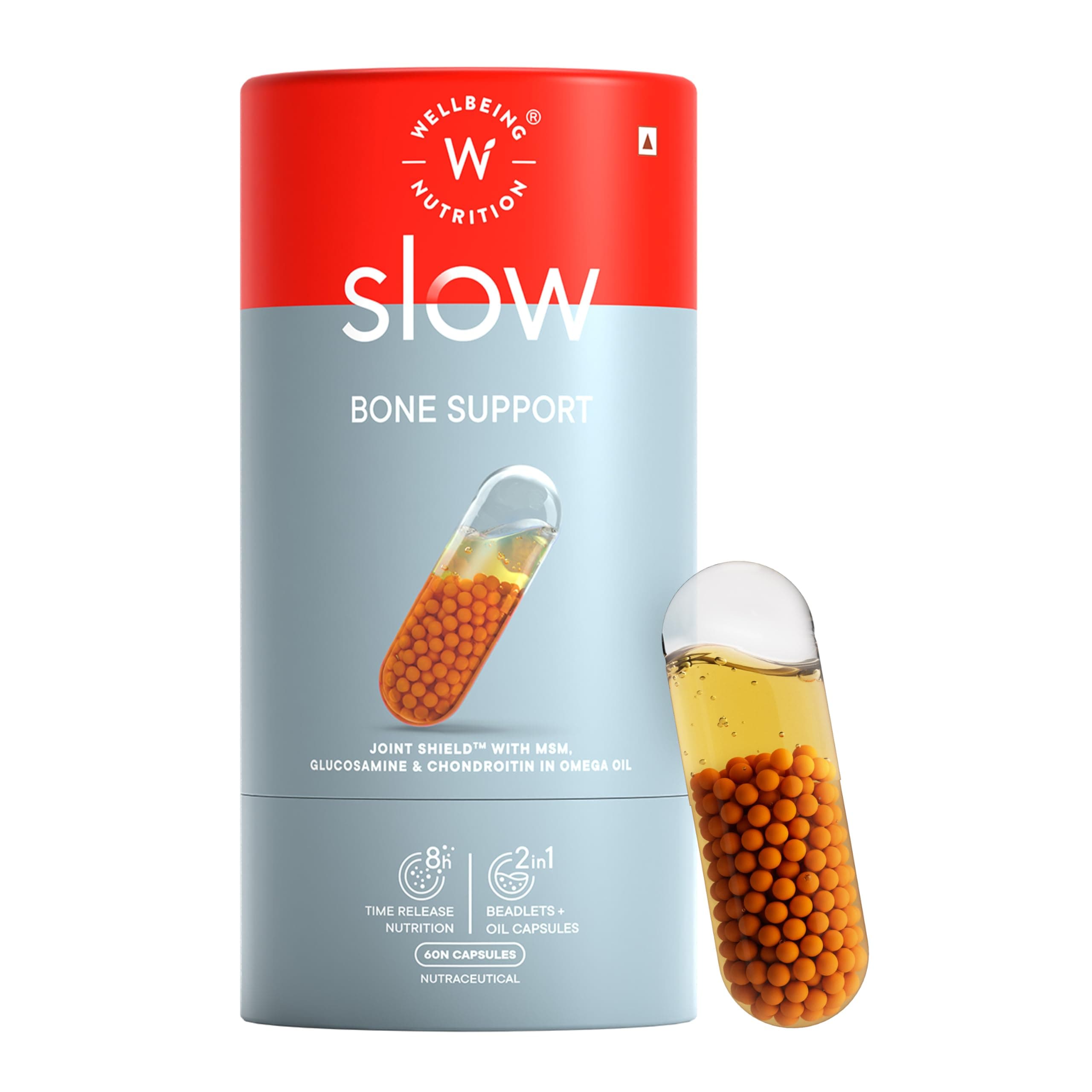 Wellbeing Nutrition Slow Bone & Joint Support Supplement with Glucosamine, Chondroitin, MSM, Calcium, Vitamin D3, Magnesium, Boswellia & Omega 3 Fish Oil | For Cartilage, Bone & Joint Health, 60 Capsules