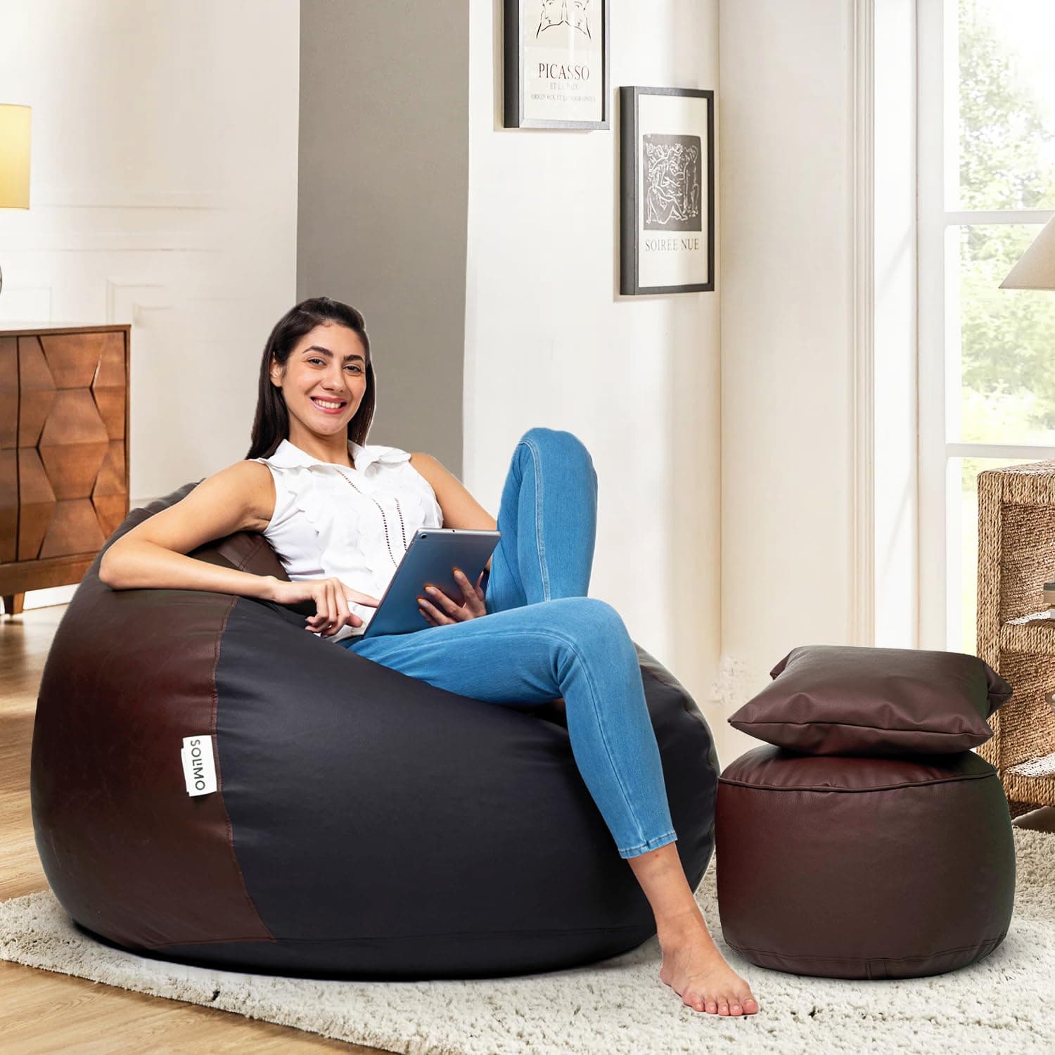 Amazon Brand - Solimo 6XL Premium Faux Leather Bean Bag with Footstool & Cushion Combo for Living Room | Bean Bag Filled with Beans | Capacity Upto 6'9" Height & 135 Kg Weight | (Black & Brown)