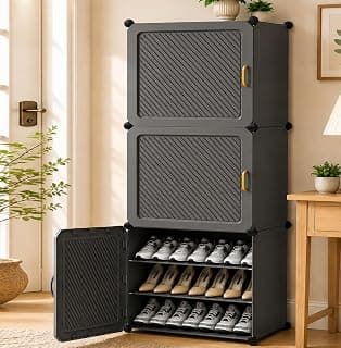 Mevigo 6-Tier Shoe Rack with 3-Doors| Holds18 -Pairs |Waterproof & Dustproof Modular Plastic Shoe Cabinet| Foldable Stackable Shoe Organizer with Metal Frame |Space Saving Storage for Home,Entry Way
