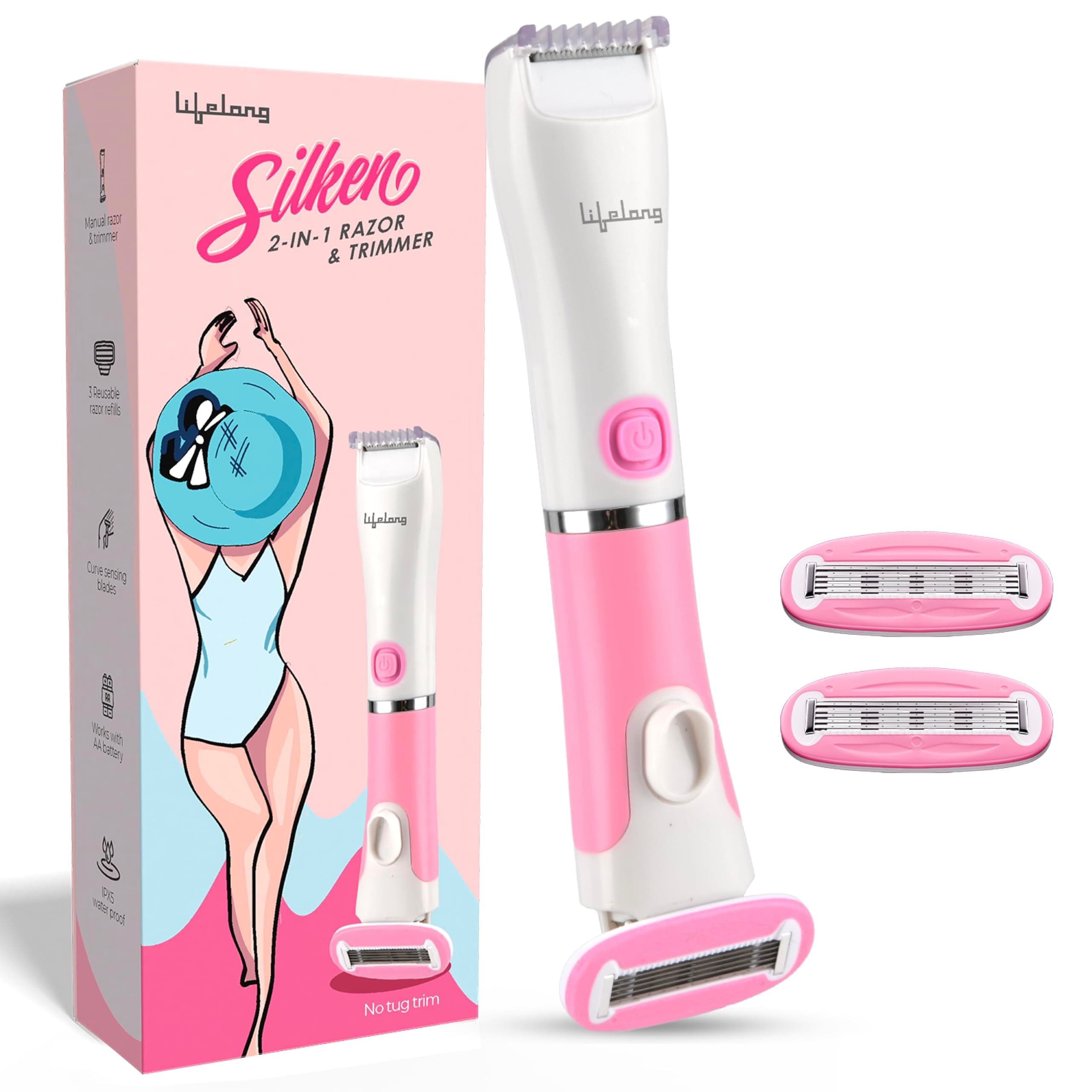 Lifelong Razor & Bikini Trimmer for Woman |Arms, Legs, Underarms & Intimate Hair Removal Machine |Waterproof Painless Full Body Hair Remover Trimmer for Women |AABattery, Portable, SkinSafe, 3Refills