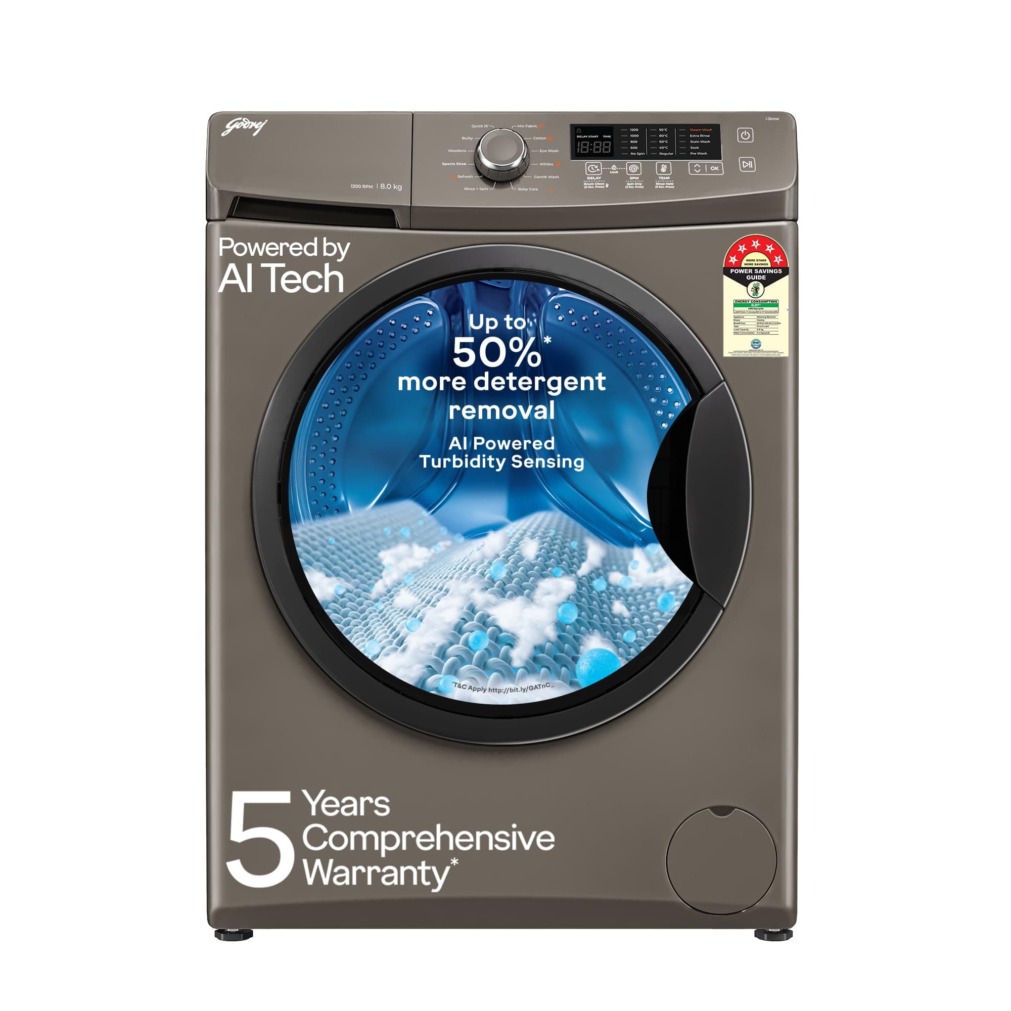 Godrej 8 Kg 5 Star, AI Powered, Inbuilt Heater, Fabrisafe Drum, Steam Wash, Child Lock, Unbalanced Load Sensor, Fully Automatic Front Load Washing Machine (WFEON CRS 8012 5.0 FKEDM CNGR, Candy Grey)