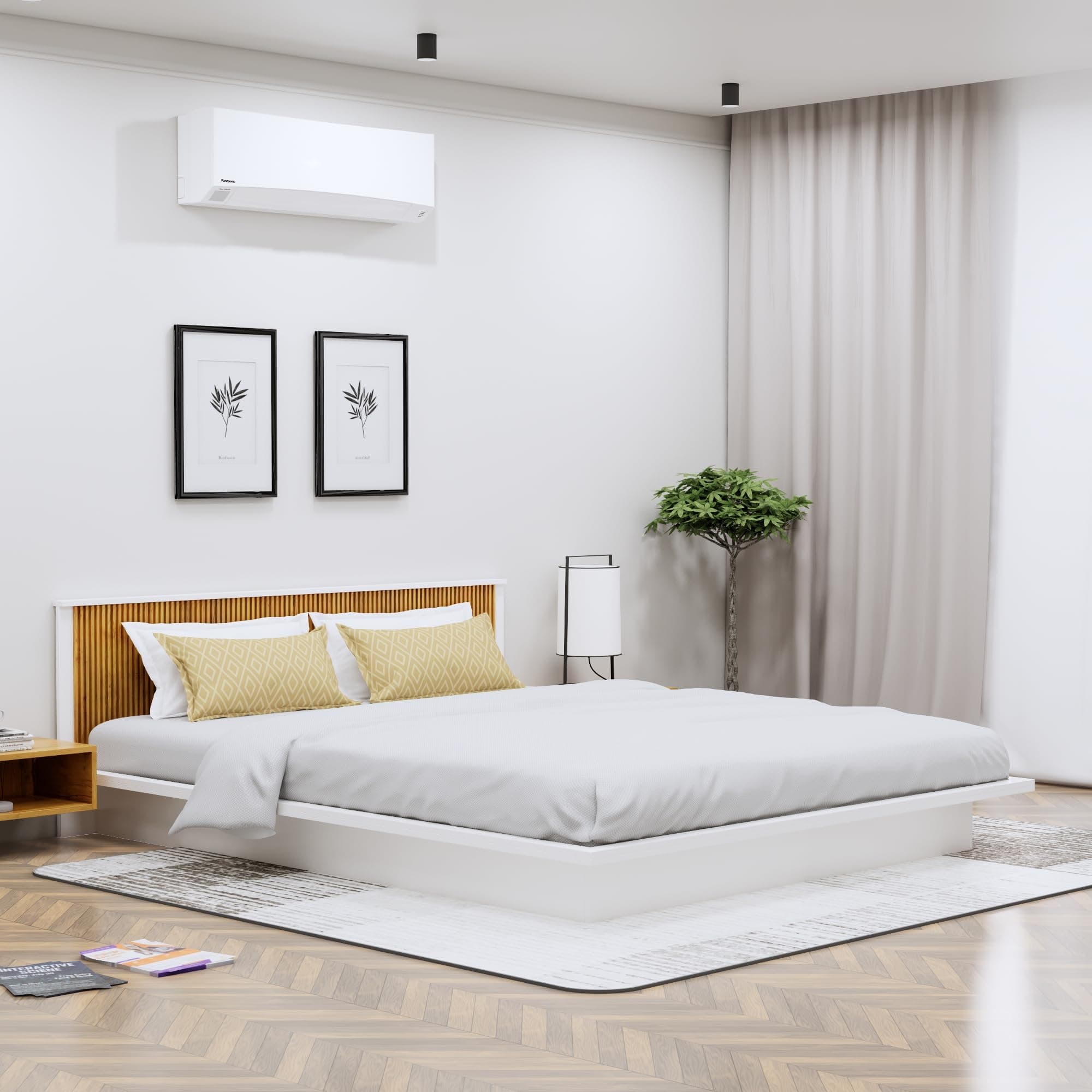 Bniture Modern Low Height Queen Size Bed Without Storage | Engineered Wood Platform Bed Headboard | Bed Queen Size Wooden Cot Double Bed for Bedroom 3 Year Warranty (Frosty White & Giant Wood)