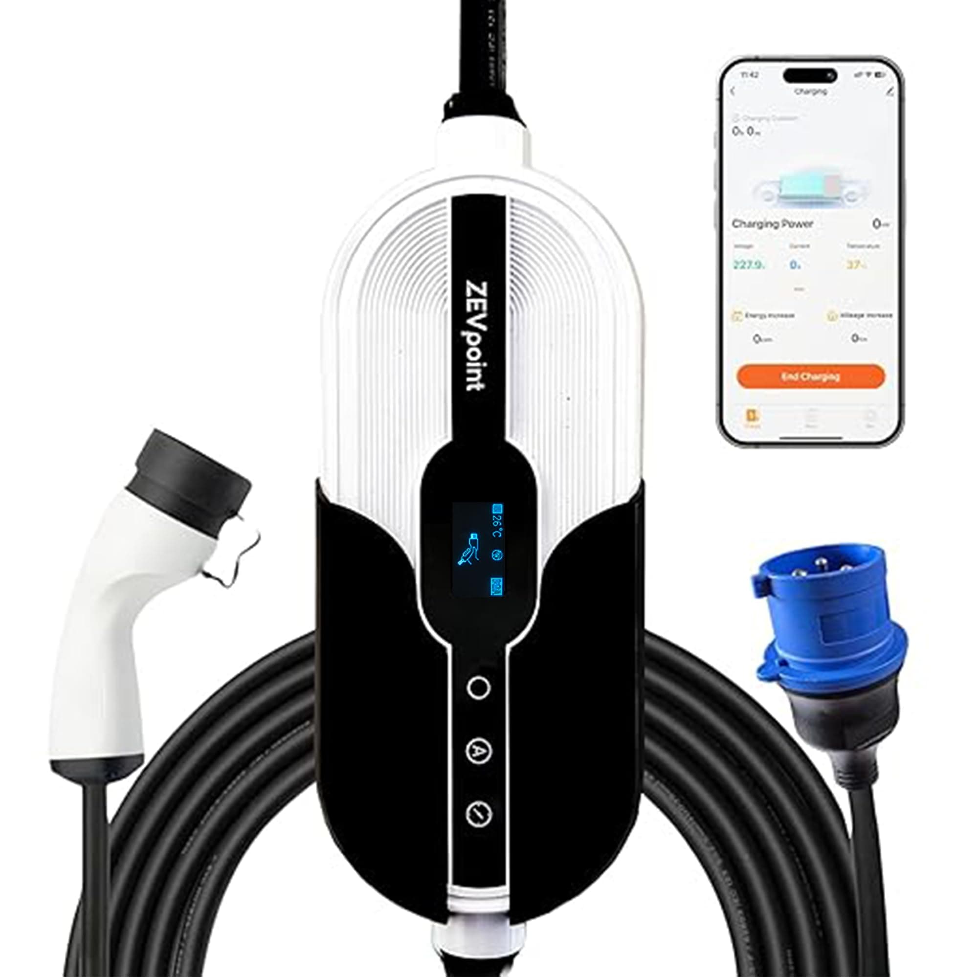 Zevpoint 7.5 kW Portable EV Charger | Carry Bag+Wall Bracket+CEE Socket | 6 Meters, Smart App, LED Screen, TPU Cable, Adjustable Power | 10+ Advanced Safety Features | IP66 | 5-yr Warranty | Aveo Pro