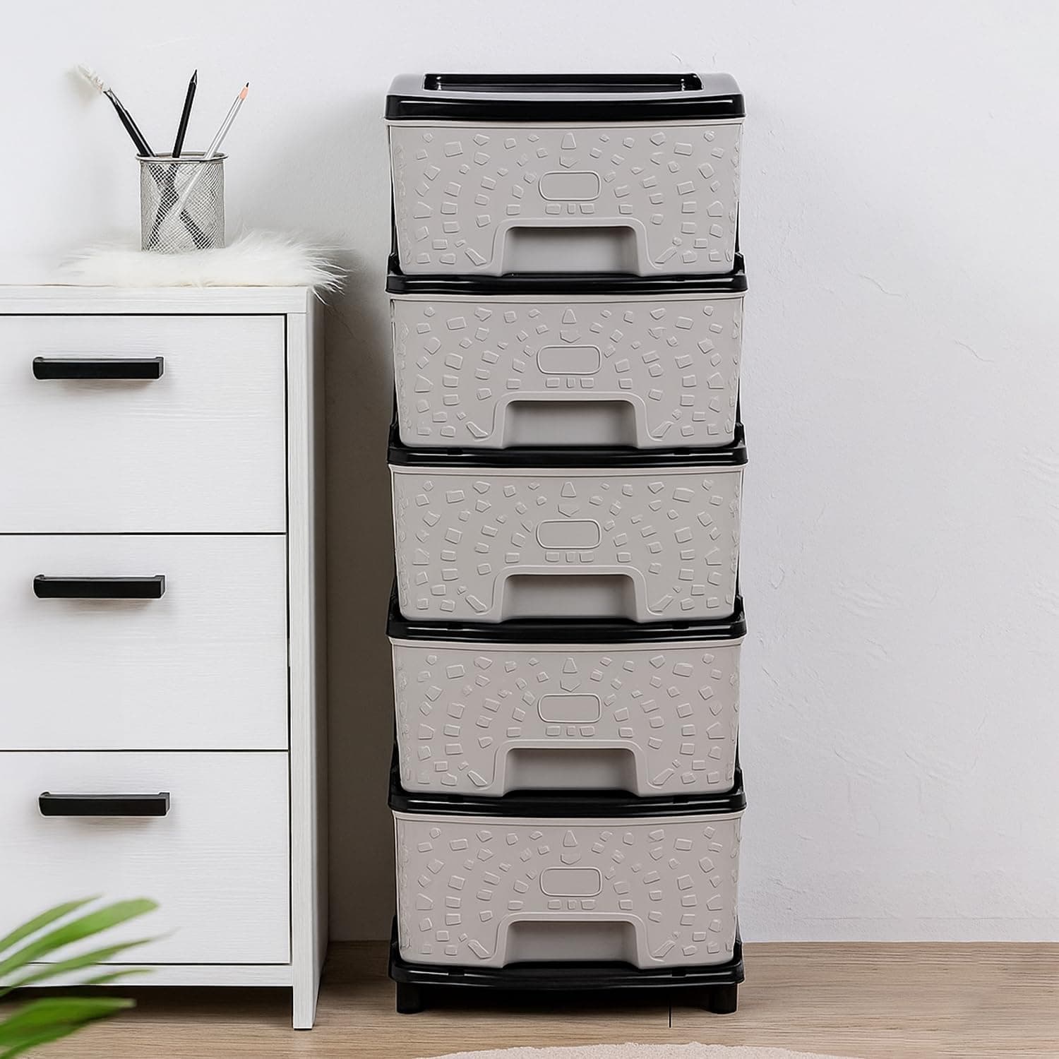 Amazon Basics Plastic 5 Tier Multipurpose Modular Drawer Storage Rack | Kitchen & Home Essentials Organizer Storage Box Cabinet | Almira Set for Stationary, Kitchen, Cosmetic |Black & Grey