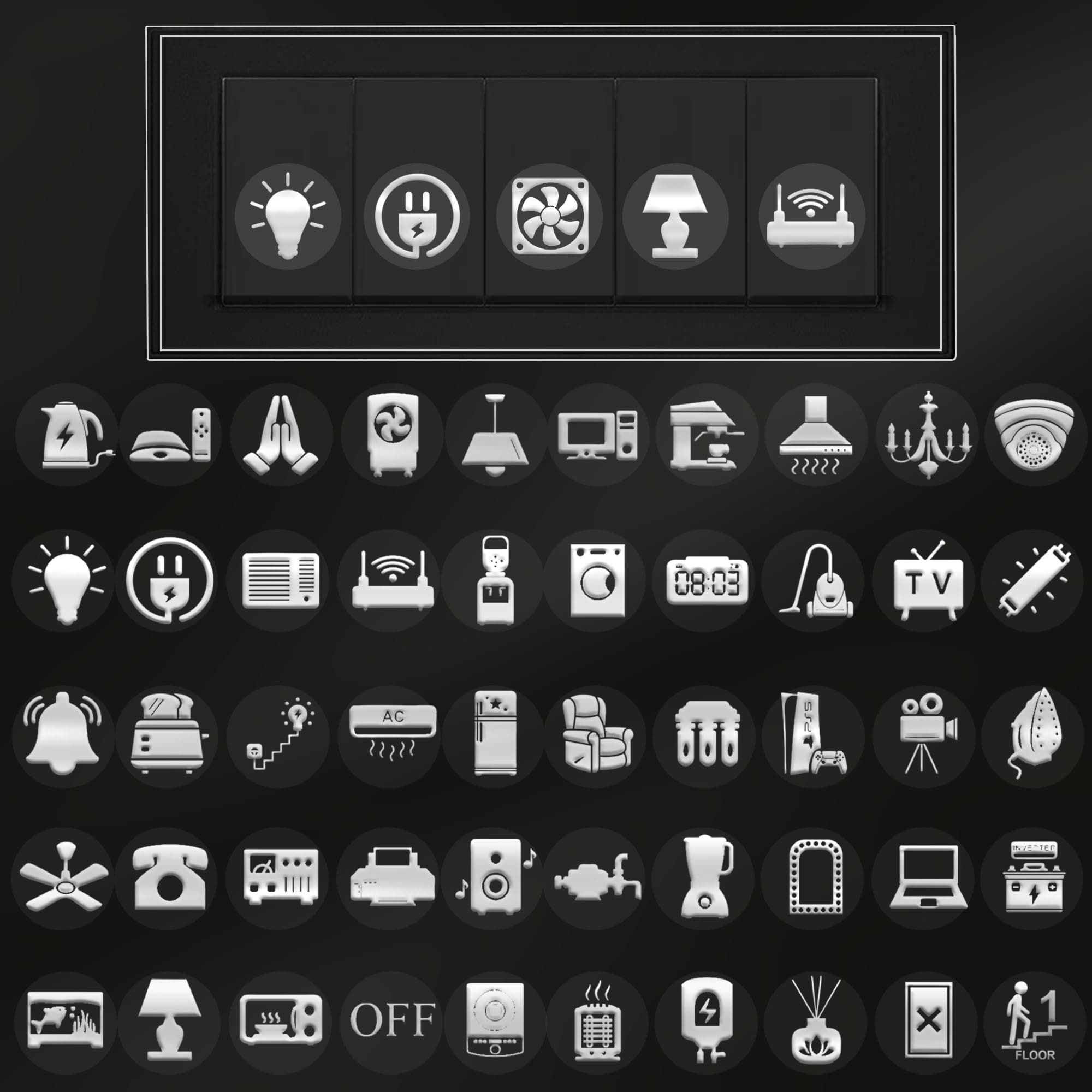 600 Silver Glow Embossed Switch Board Stickers with 60+ Icons | Luxury Vinyl Self-Adhesive Switch Covers for Lights, Fans & Appliances