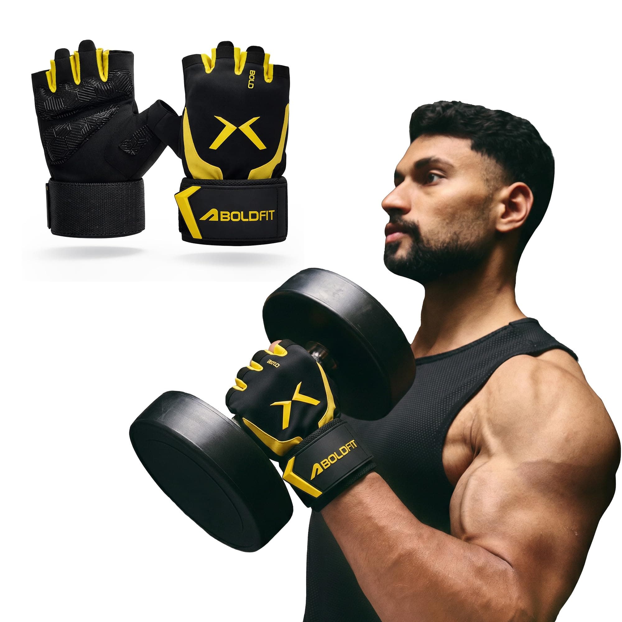 Boldfit Gym Gloves for Men Workout Unisex Cushion Hand Gloves for Gym for Men & Women for Cycling, Weightlifting, Workout Comfortable Fit Bike Riding, Cycling Handgloves - Apexgrip Black Yellow XL