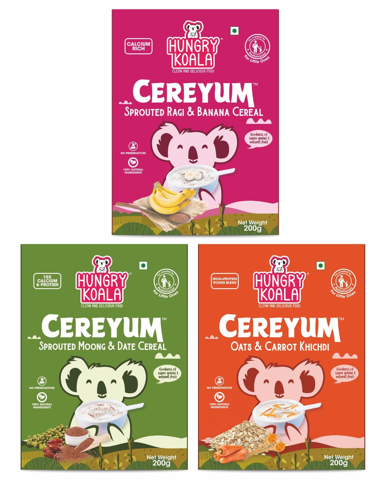 HUNGRY KOALA Cereal Made With Natural Ingridients Oats Carrot Ragi Banana Sprouted Moong & Dates For Kids To Grow Healthy No Preservative Or Additives Or Maida 200 Grams Pack Of 3