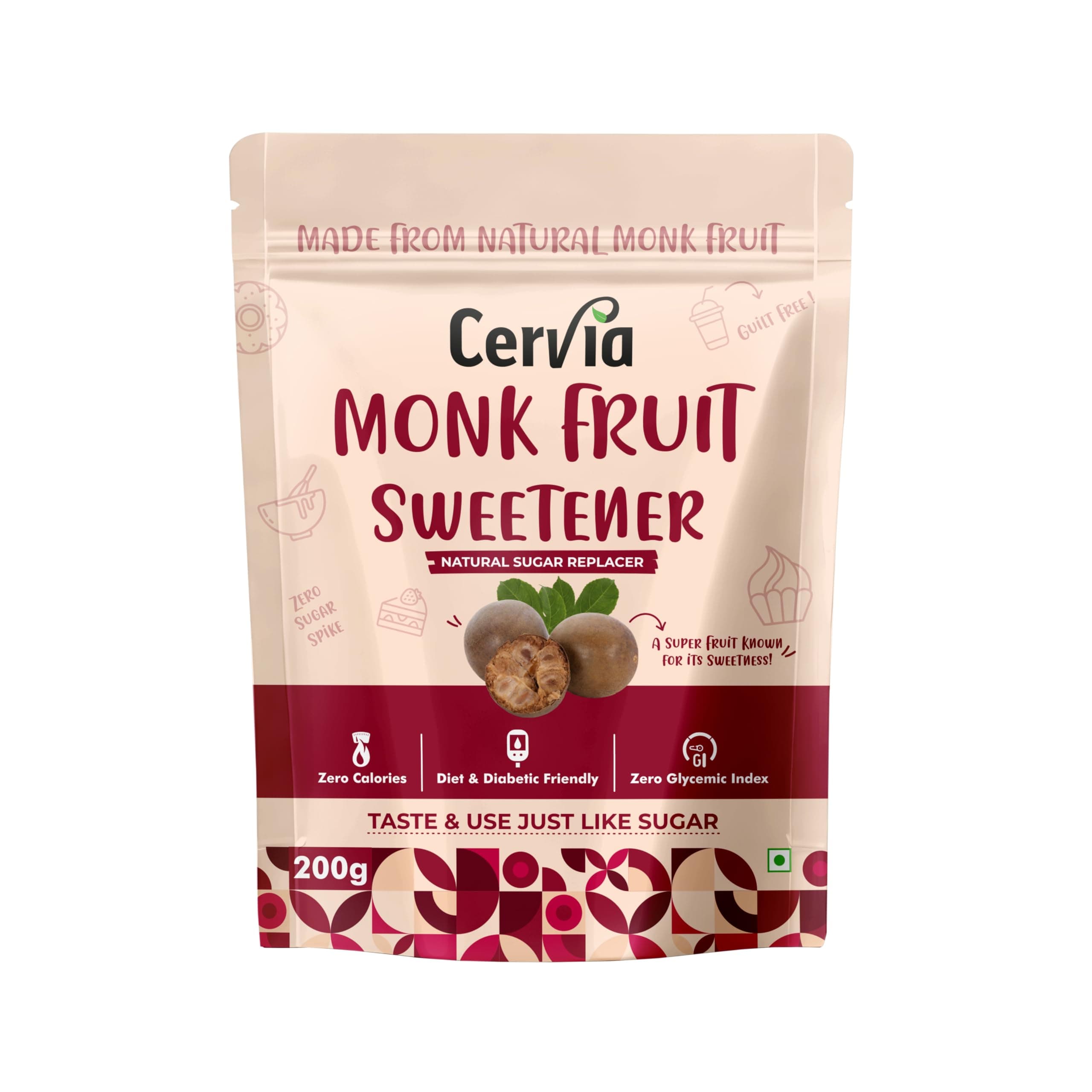 Cervia Monk Fruit Natural Sweetener 200g | 100% Natural Sugar Replacement | Zero Calories | Zero Glycemic Index | No Blood Sugar Spike | Diabetic & Keto Friendly | No Bitter Aftertaste | For Tea, Coffee & Cooking (200)
