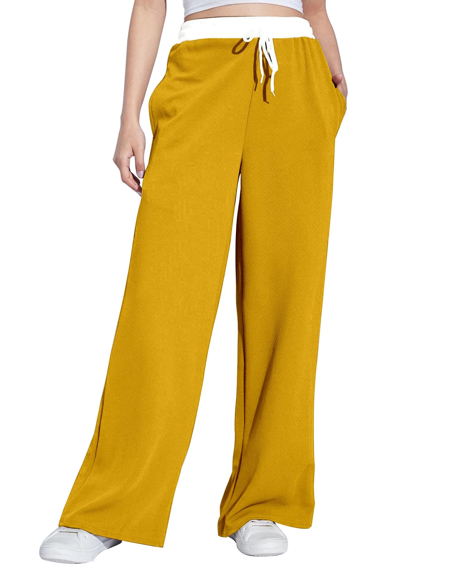 Mehrang Wide Leg Drawstring Pants, with Contrast Waist Band || Casual Lounge Wear Side with Pockets, High Waisted, Relaxed Fit Trouser for Women