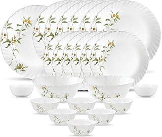 La Opala Novo Collection Opal Glass Crockery | for Family of 6 | Dinner Set 23 pcs Vivid Greens | Plates & Bowls for Dining | Microwave Safe | 100% Vegetarian | Extra Strong | Light & White