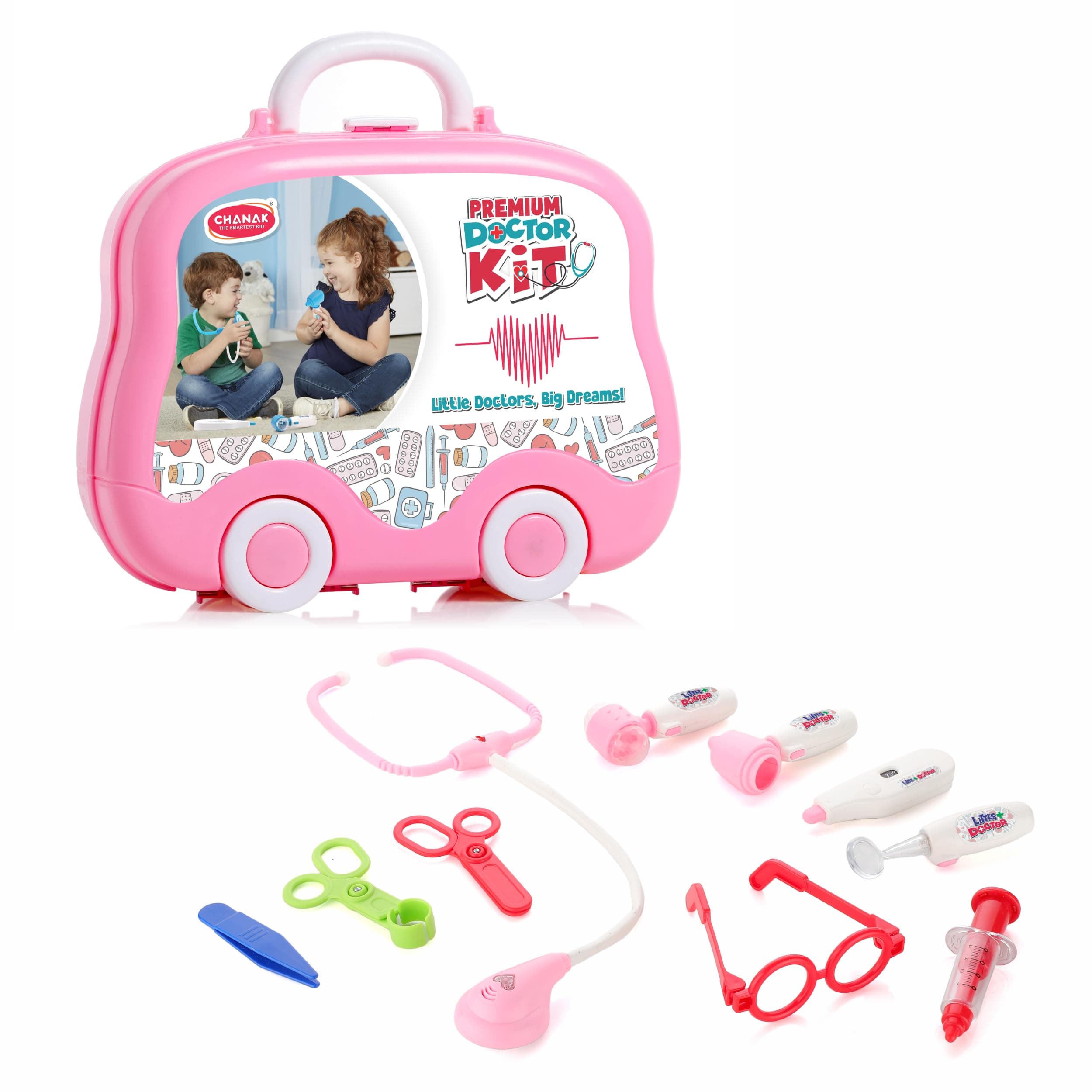 Chanak Premium Doctor Set Suitcase for Kids, Doctor Set with LED Light Instruments, Pretend Play Set for Kids Above 3 Years, 10 Piece Doctor Kit for Boys & Girls, BIS Approved. (Pink Suitcase)