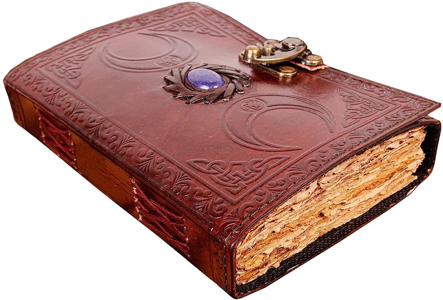 ALCRAFT Handmade Leather journal Lapis Stone Crystal Triple Moon - Book Of Shadows, Antique Deckle Edge Paper - Sketchbook, Grimoire, Blank Spell Book, sacred geometry Visit the Store (BROWN)
