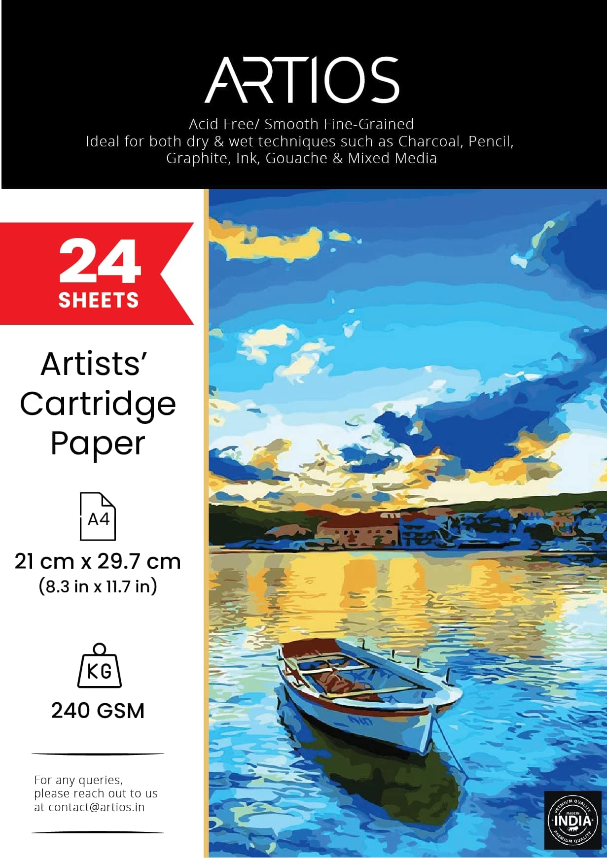 ARTIOS Mixed Media Cartridge Paper A4 240 GSM - 24 Drawing Sheets for Artists, Ideal for Charcoal, Graphite, Acrylic, Watercolor, Gouache, Ink, & Other Mixed Media