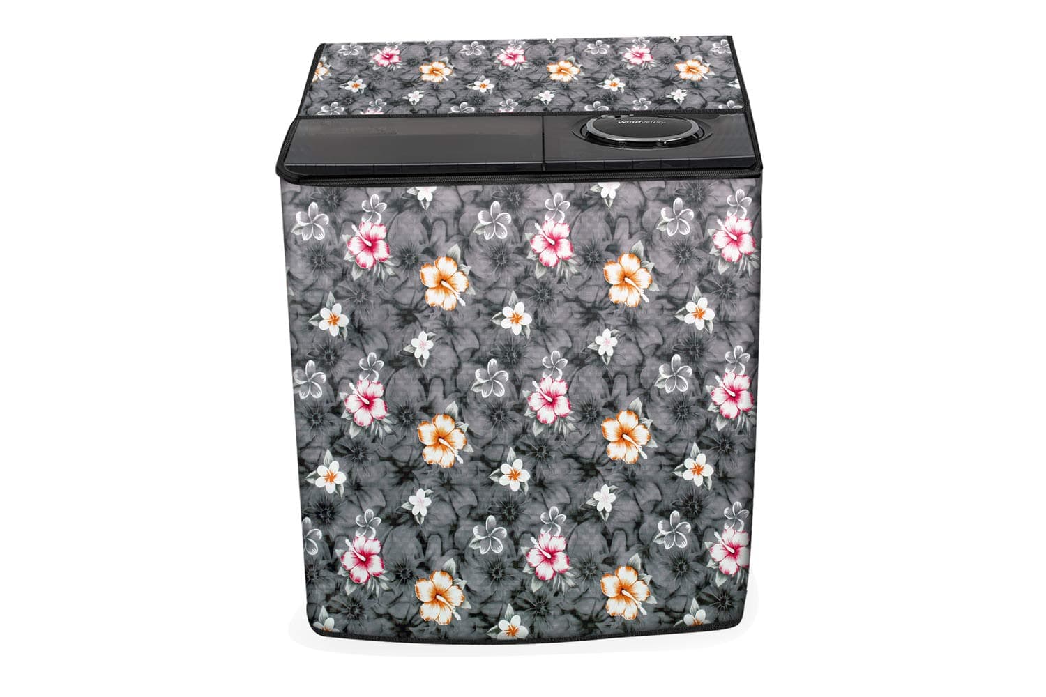 Stylista Washing Machine Cover Compatible for LG 7 KG Semi-Automatic Top Loading P7020NGAZ Floral Grey, Polyester Waterproof