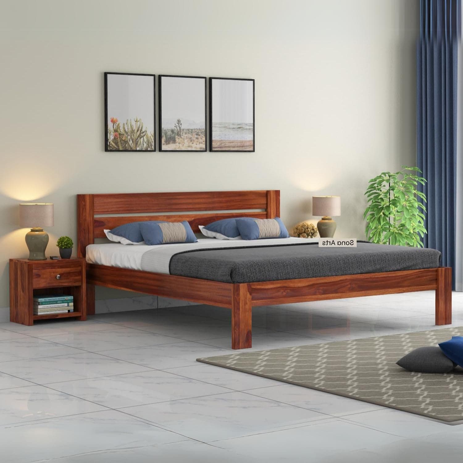 SONA ART & CRAFTS Eros Solid Sheesham Wood Bed Queen Size Without Storage (78x60) Double Bed Queen Size Cot for Bedroom (Natural Honey Finish)