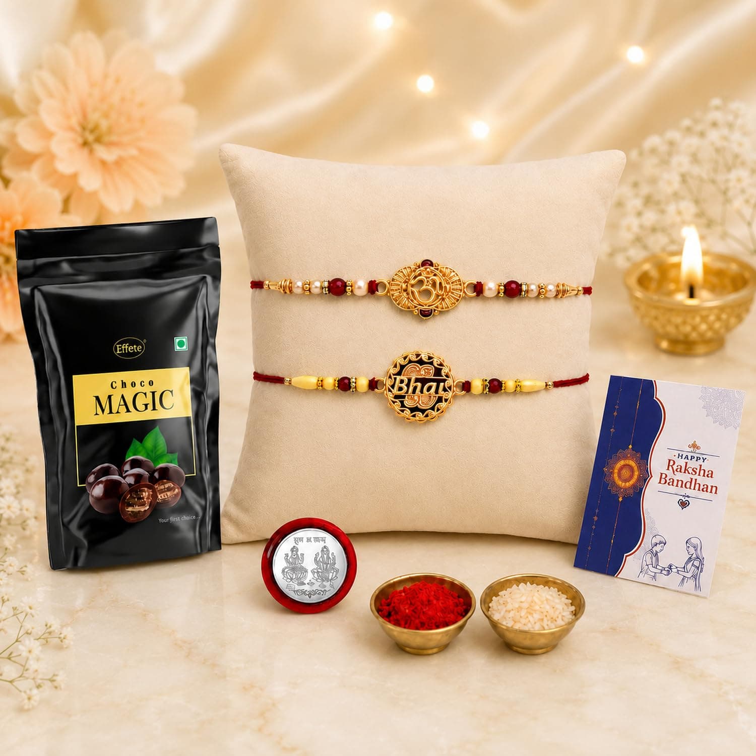 DeoDap Rakhi For Brother Set Of 2 With Sweets & Effete Choco Magic (Pouch) with Silver Color Pooja Coin, Roli Chawal, Greeting Card For Brother, Bhabhi, Kids, Rakhi Combo (K2_276+527_SM)