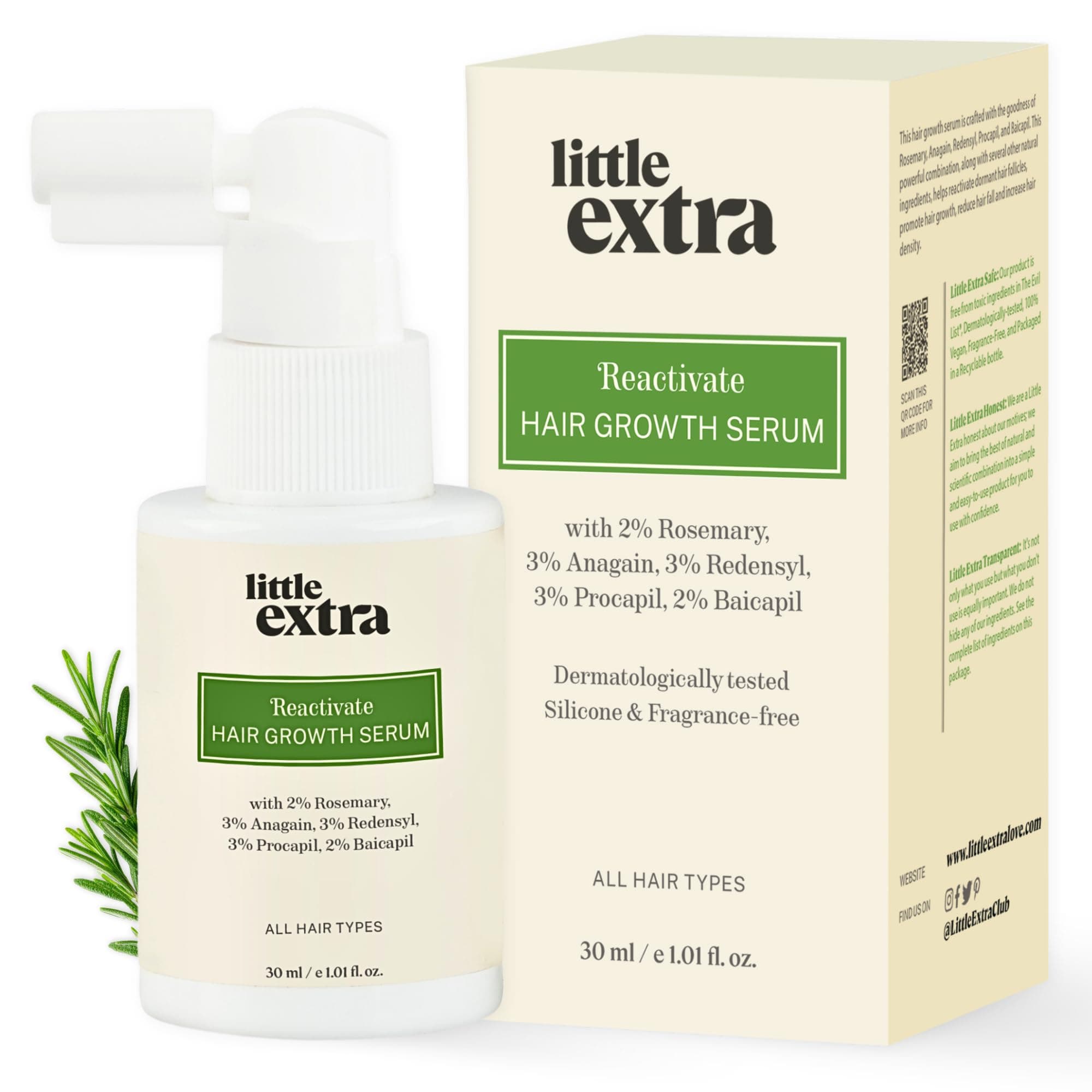 Little Extra Reactivate Hair Growth Serum | Anti Hair Fall Rosemary Scalp Treatment with 11% Hair Growth Actives (Redensyl, Procapil, Anagain, Baicapil) | Improves Hair Density | For Men & Women | 30ml