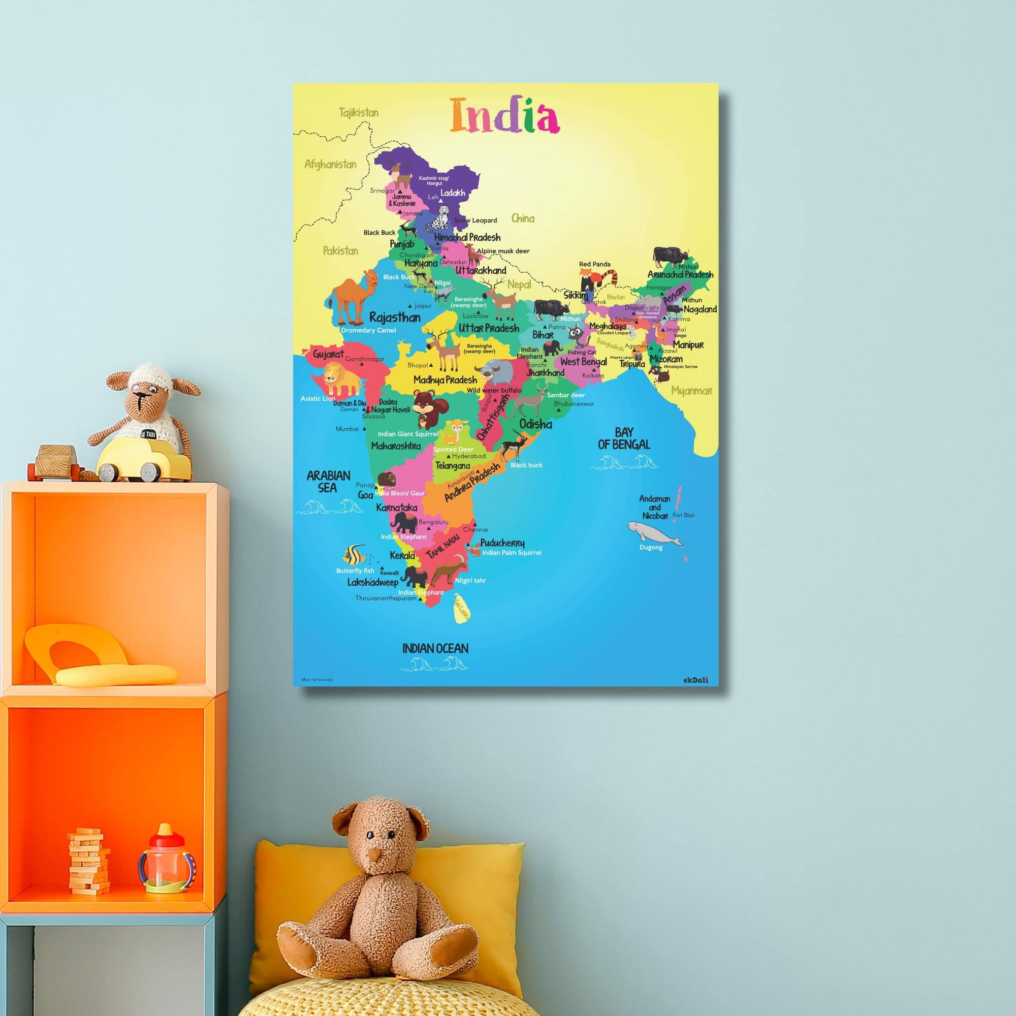 Ekdali India Map with States Capitals. Animals for Kids 13 X 19 inches
