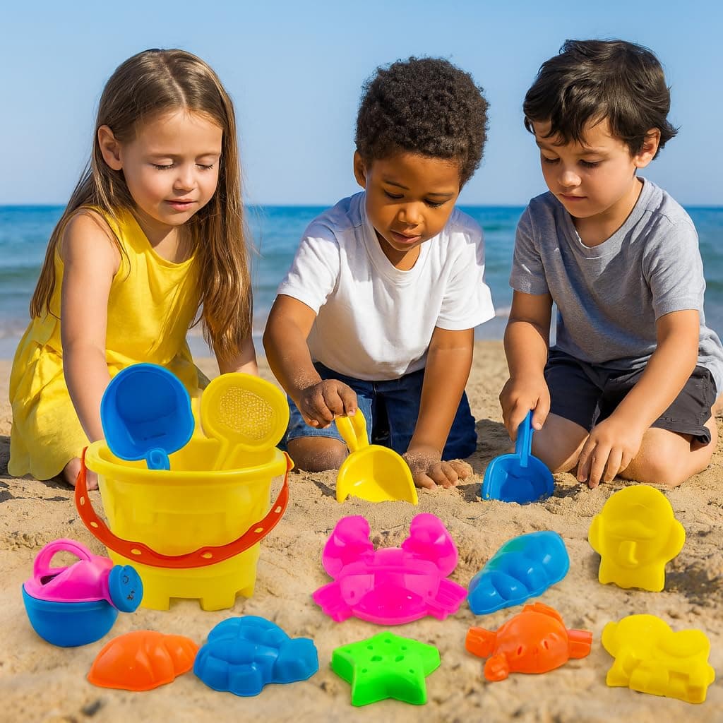 Wishkey Beach Toys for Kids Sand Game Castle Building Plastic Toy Set, Multicolor Kids Toys Bucket and Animal Molds Pack of 10 for Outdoor Play and Travel Fun