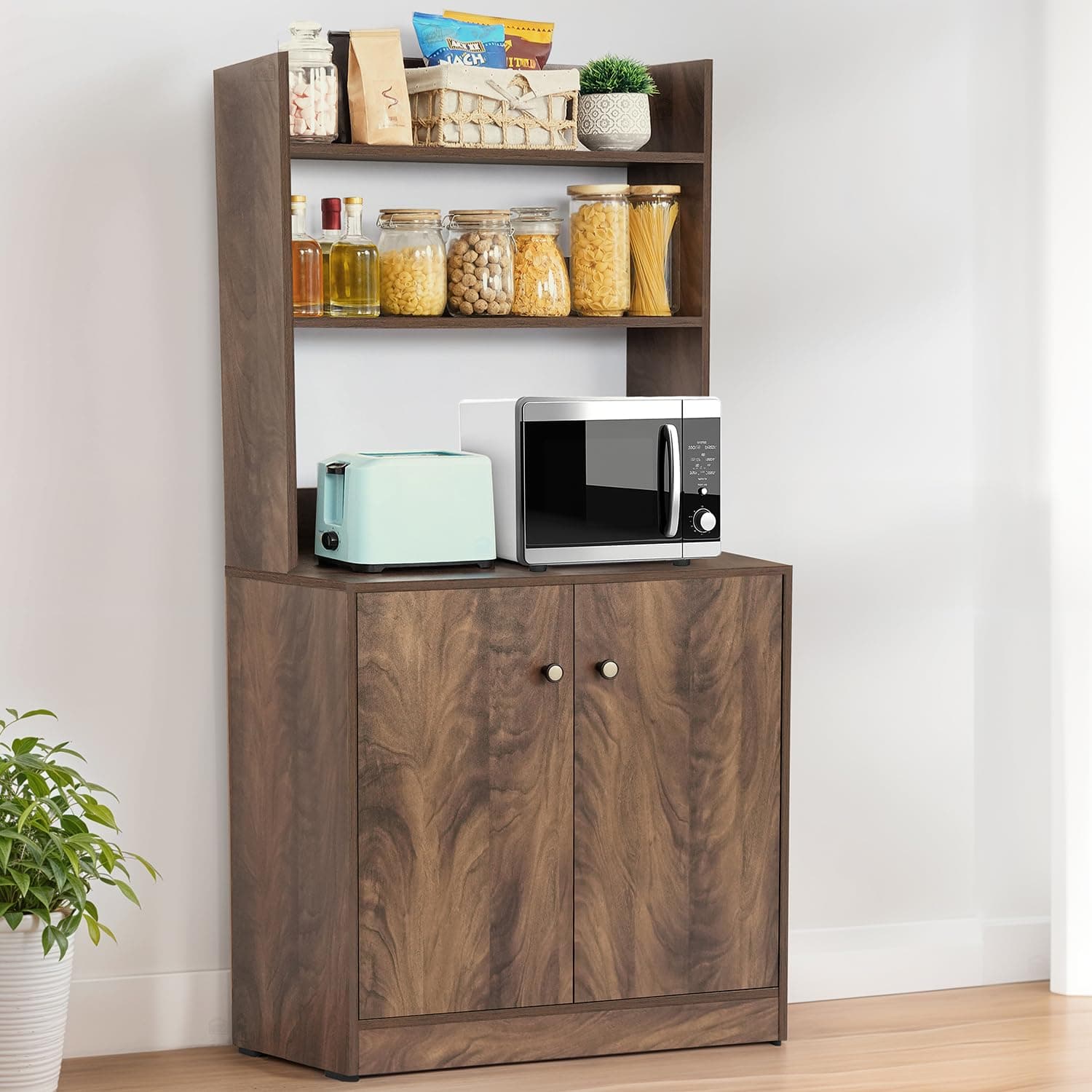 ABOUT SPACE 5 Tier Kitchen Organizer Rack - 5.5 ft Wooden Kitchen Cabinet with 3 Open Shelves & 2 Storage Rack with Door, Easy to Assemble for Home Living Room (Walnut - L 80 x B 40.5 x H 163 cm)