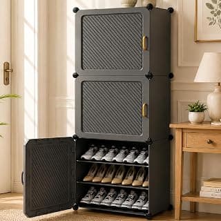 Mevigo Plastic Shoe Rack for Home with Door, 3-Door Shoe Storage Cabinet | 9-Shelfs for 18 Pairs | Waterproof & Portable DIY Shoe Slipper & Chappal Stand for Entryway/Bedroom