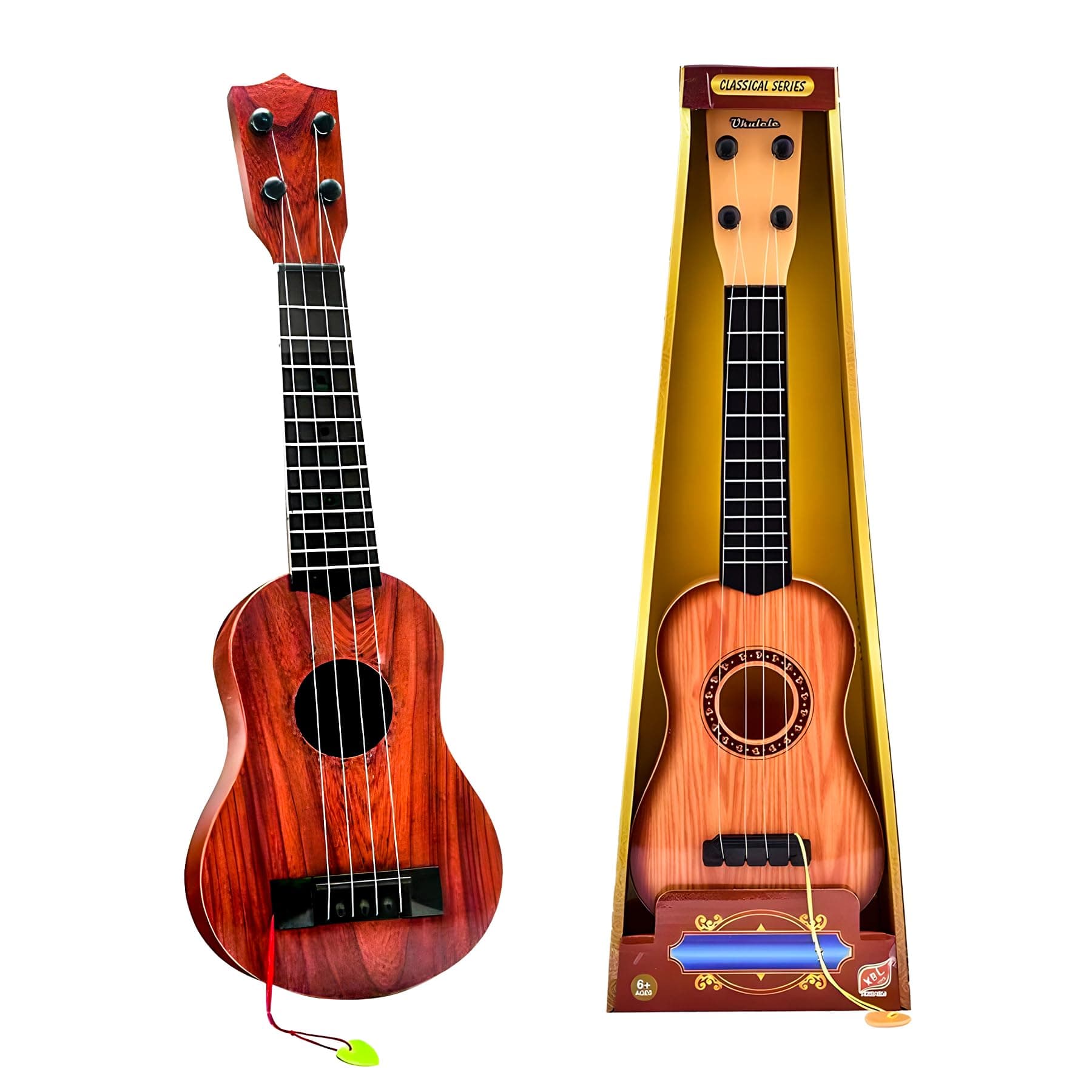 WISHKEY Guitar Toy 4 Strings Acoustic Music Toys for Kids, Educational Toy Guitar for Beginners, Musical Instrument for Kids, Learning Musical Toy, Sound Toys, 6+Years, Brown, 22" (Pack of 1)