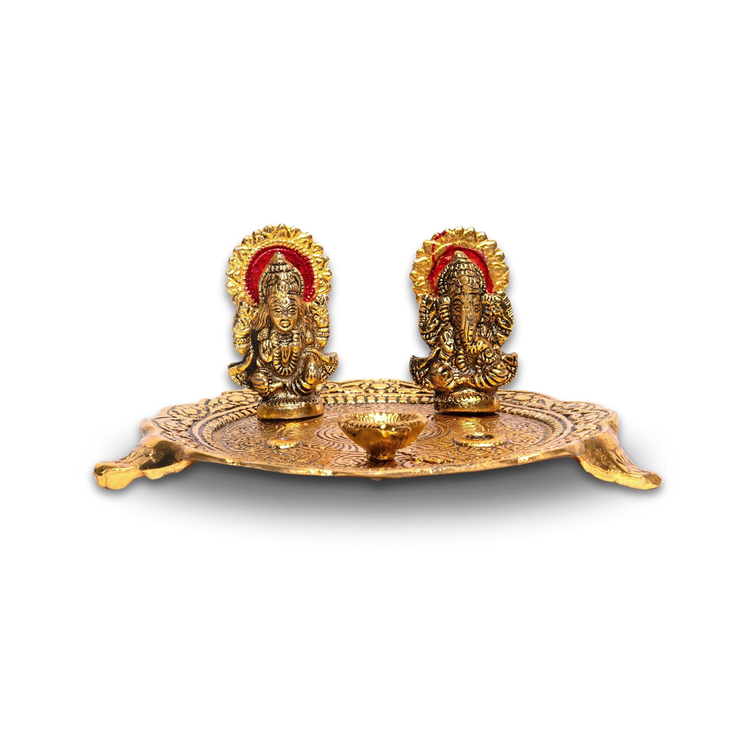 Wonder Care Aluminium Golden Color Plated Laxmi Ganesha Idol Puja Set - Ganapati Lakshmi Plate + Roli + Kalawa + Dhoopbatti + Cotton Wicks