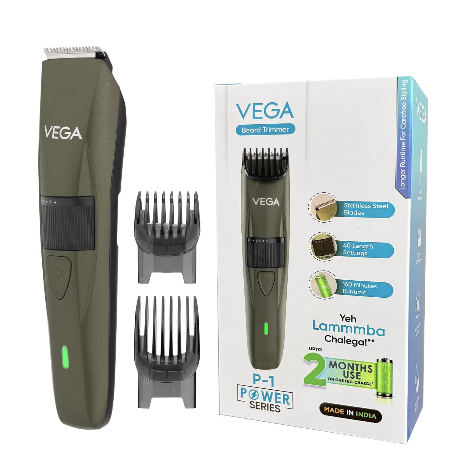VEGA Power Series Beard Trimmer for Men with Self-Sharpening Stainless Steel Blade, 160 Min Runtime, 40 Length Settings, USB Type-C, Corded & Cordless Use, 2 Comb Attachments, 1 Yrs Warranty (VHTH-25)