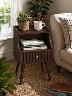 ETIQUETTE ART Modern Fluted Nightstand with Drawer and Open Storage Shelf, Bedside Table with Round Edge, Boho Night Stand with Solid Wood Legs & Knob Handle End Table for Bedroom (Brown)