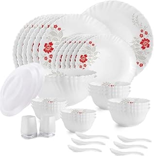 CELLO Scarlet Bliss Dazzle Series Opalware Dinner Set of 37 Pieces for Family of 6 | Bone-Ash Free & Leadfree Opal Glass, Microwave & Dishwasher Safe, Plates & Bowls Crockery Set for Dining & Gifting